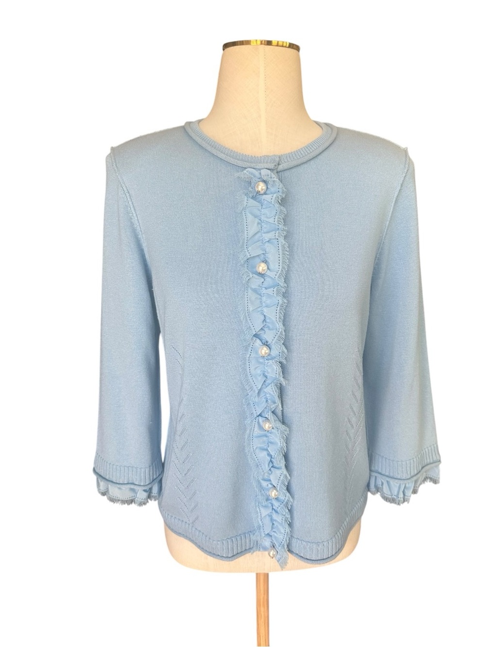 St. John Blue Silk Cashmere Pearl Ruffle Cardigan Sweater Small S